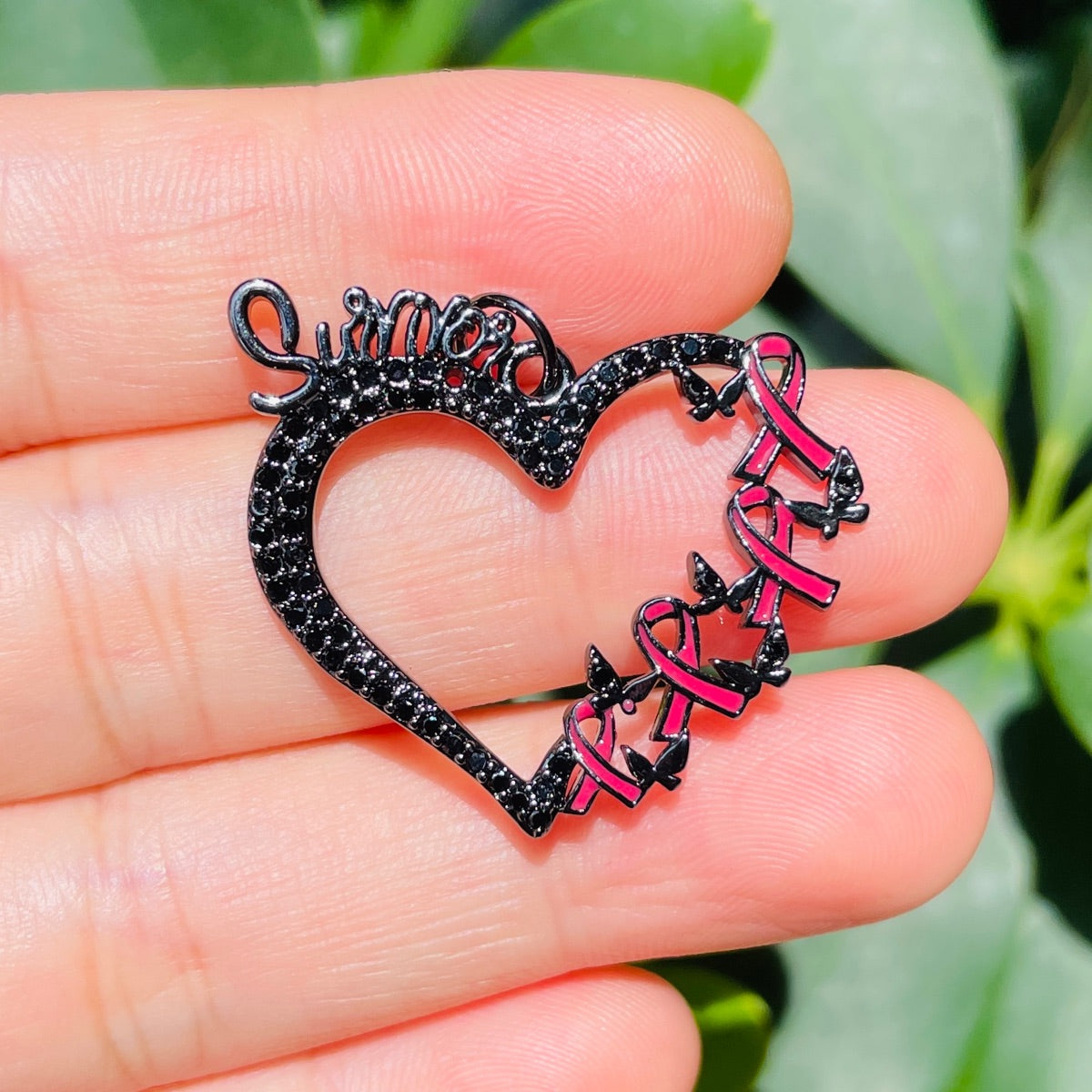 10pcs/lot CZ Pave Pink Ribbon Survivor Heart Charms - Breast Cancer Awareness Black on Black CZ Paved Charms Breast Cancer Awareness New Charms Arrivals Charms Beads Beyond