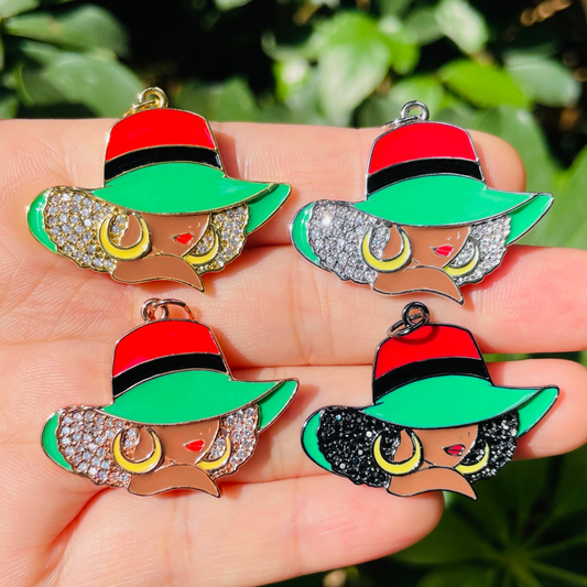 10pcs/lot CZ Paved Red Black Green Hat Afro Black Girl Charms for Juneteenth Awareness Mix Colors CZ Paved Charms Afro Girl/Queen Charms Juneteenth & Black History Month Awareness New Charms Arrivals Charms Beads Beyond