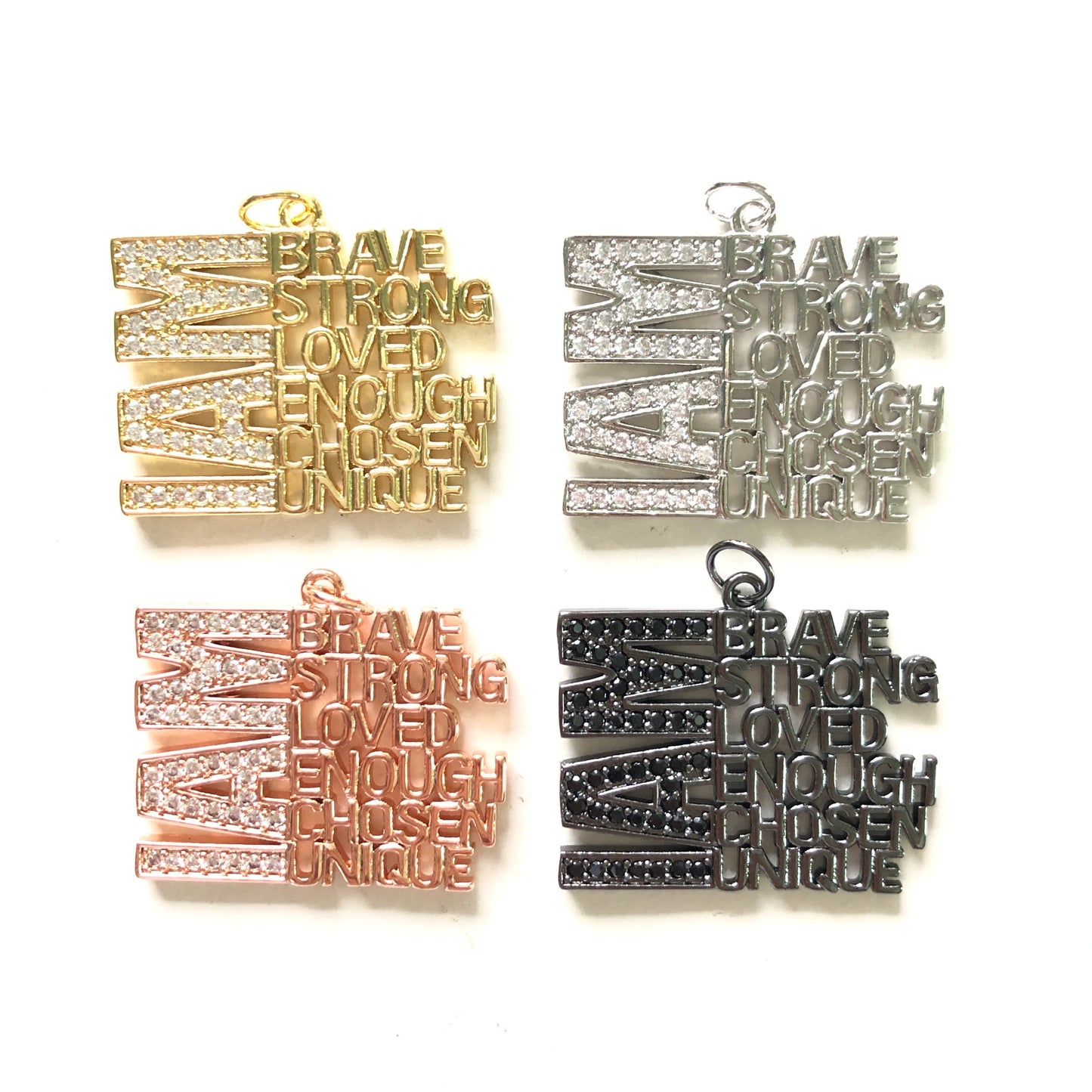 10pcs/lot CZ I Am Brave Strong Loved Enough Chosen Unique Word Charms Mix Colors CZ Paved Charms New Charms Arrivals Words & Quotes Charms Beads Beyond