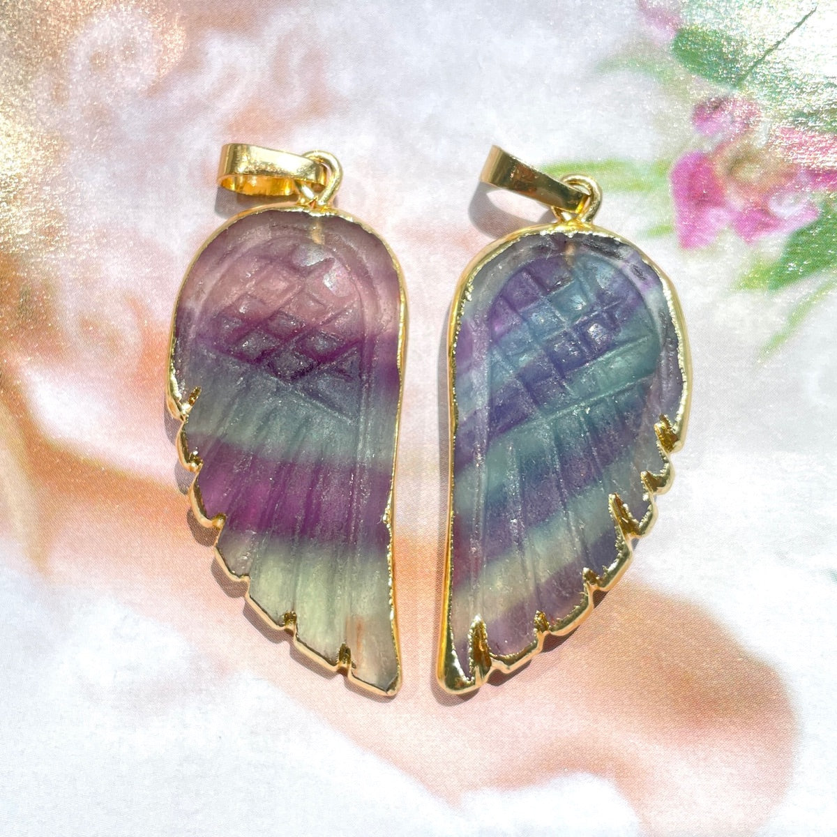 4pcs/Lot Gold Plated Bezel Rose Quartz Labradorite Fluorite Moon Stone Wing Pendants Fluorite Stone Charms New Charms Arrivals Charms Beads Beyond