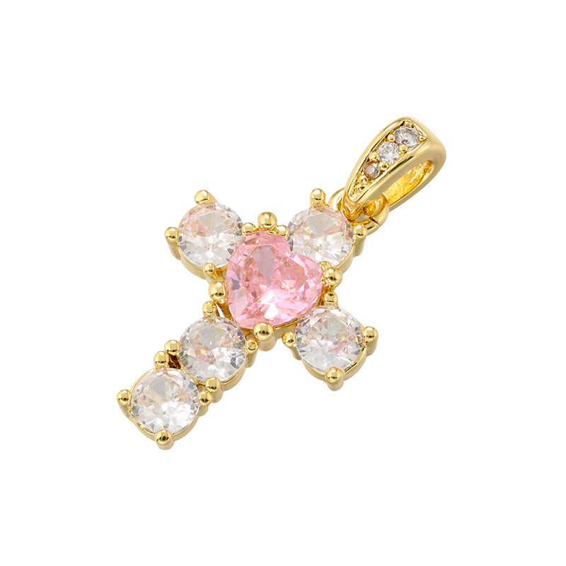 10pcs/lot Small Size CZ Paved Cross Charms Pink Heart Gold CZ Paved Charms Crosses Small Sizes Charms Beads Beyond