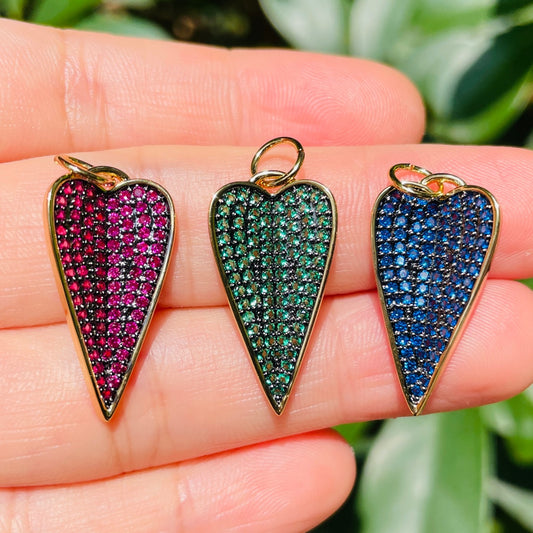 5-10pcs/lot 26.6*22mm Blue Green Fuchsia CZ Paved Heart Charm Pendants Mix Colors CZ Paved Charms Hearts New Charms Arrivals Charms Beads Beyond