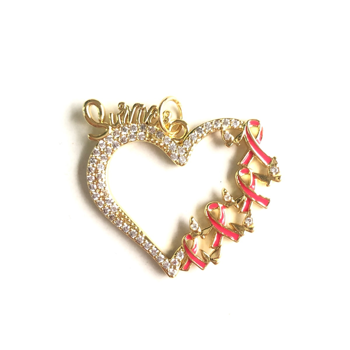 10pcs/lot CZ Pave Pink Ribbon Survivor Heart Charms - Breast Cancer Awareness CZ Paved Charms Breast Cancer Awareness New Charms Arrivals Charms Beads Beyond