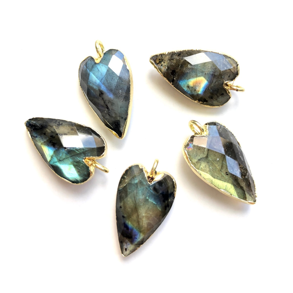 5pcs/Lot Gold Plated Bezel Natural Labradorite Amethyst Black Onyx Rose Quartz Faceted Heart Pendants Labradorite Stone Charms New Charms Arrivals Charms Beads Beyond