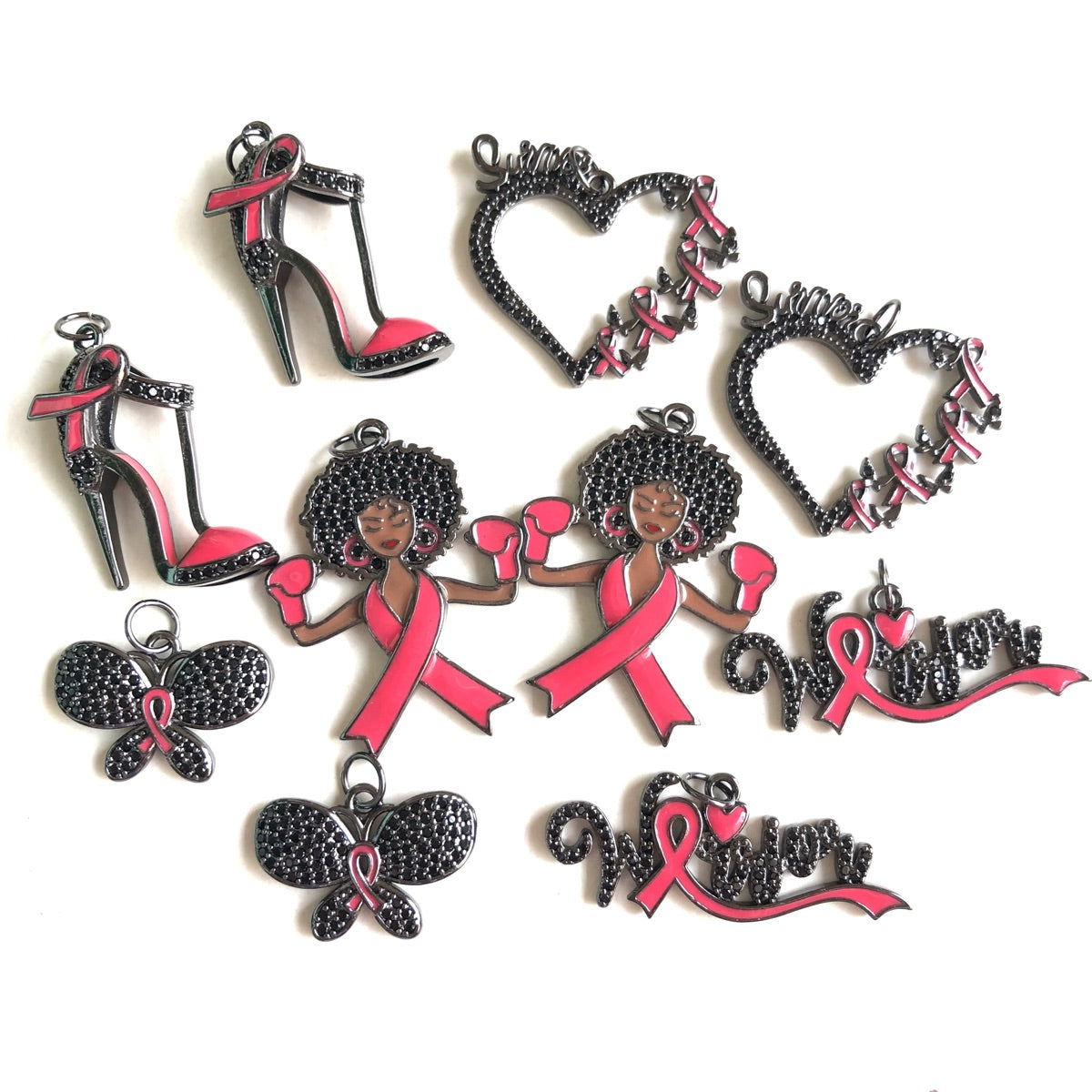 10pcs/lot Pink Ribbon Black Girl Warrior Survivor Heart High Heel Butterfly Breast Cancer Awareness Charms Bundle Black on Black Set CZ Paved Charms Breast Cancer Awareness Mix Charms New Charms Arrivals Charms Beads Beyond