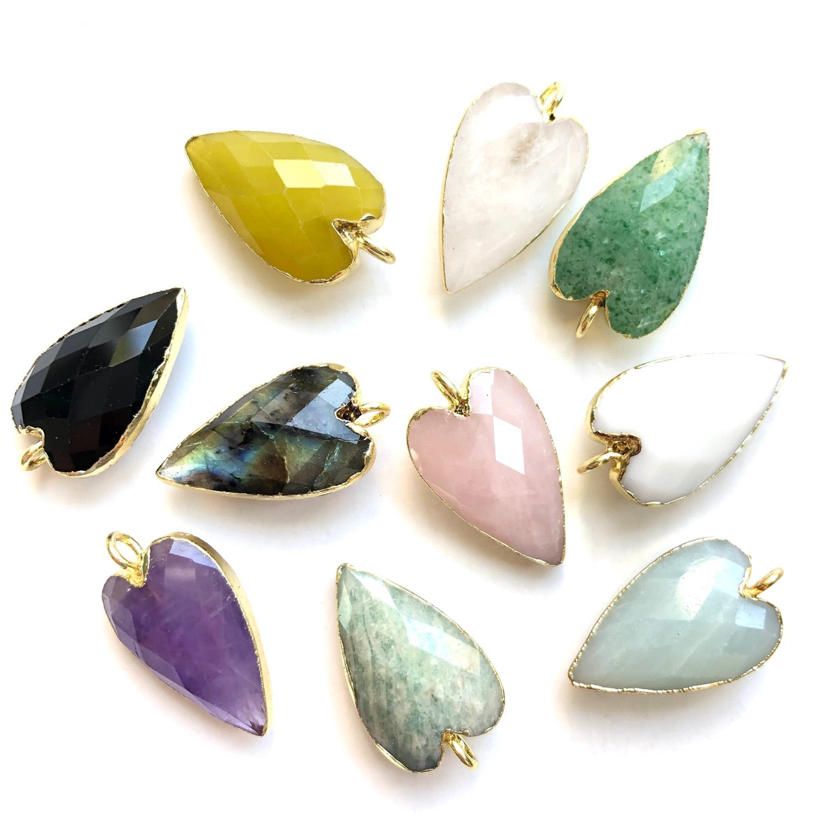 5pcs/Lot Gold Plated Bezel Natural Labradorite Amethyst Black Onyx Rose Quartz Faceted Heart Pendants Stone Charms New Charms Arrivals Charms Beads Beyond