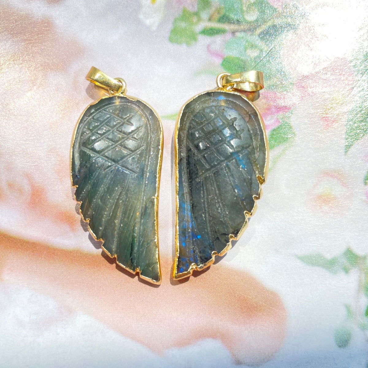 4pcs/Lot Gold Plated Bezel Rose Quartz Labradorite Fluorite Moon Stone Wing Pendants Labradorite Stone Charms New Charms Arrivals Charms Beads Beyond