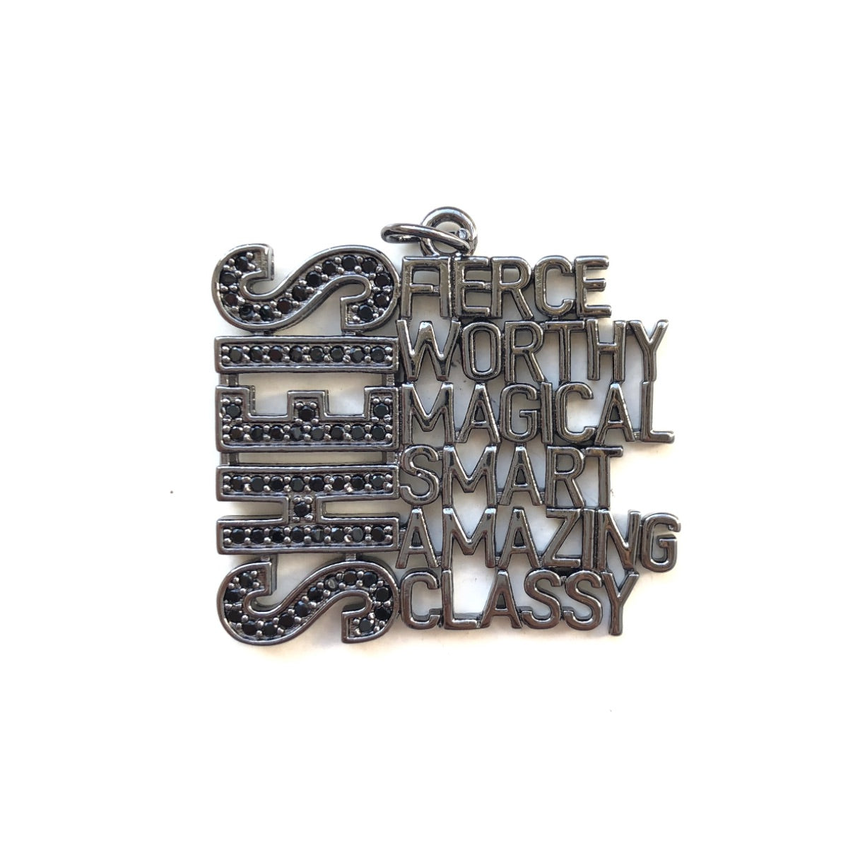 10pcs/lot CZ SHE IS FIERCE WORTHY MAGICAL SMART AMAZING CLASSY Word Charms Black on Black CZ Paved Charms New Charms Arrivals Words & Quotes Charms Beads Beyond