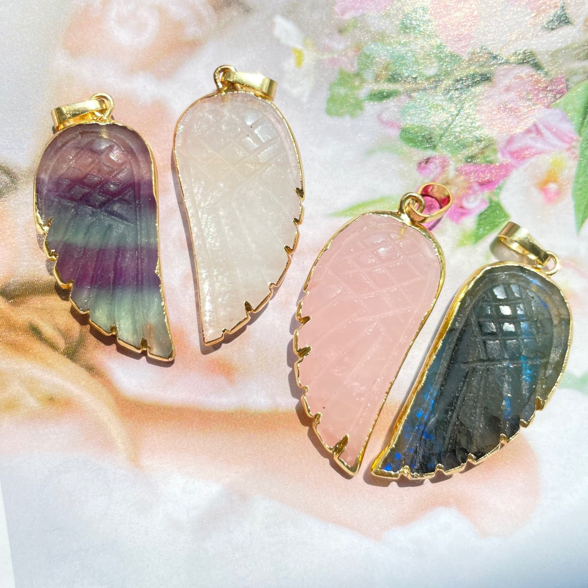 4pcs/Lot Gold Plated Bezel Rose Quartz Labradorite Fluorite Moon Stone Wing Pendants Stone Charms New Charms Arrivals Charms Beads Beyond