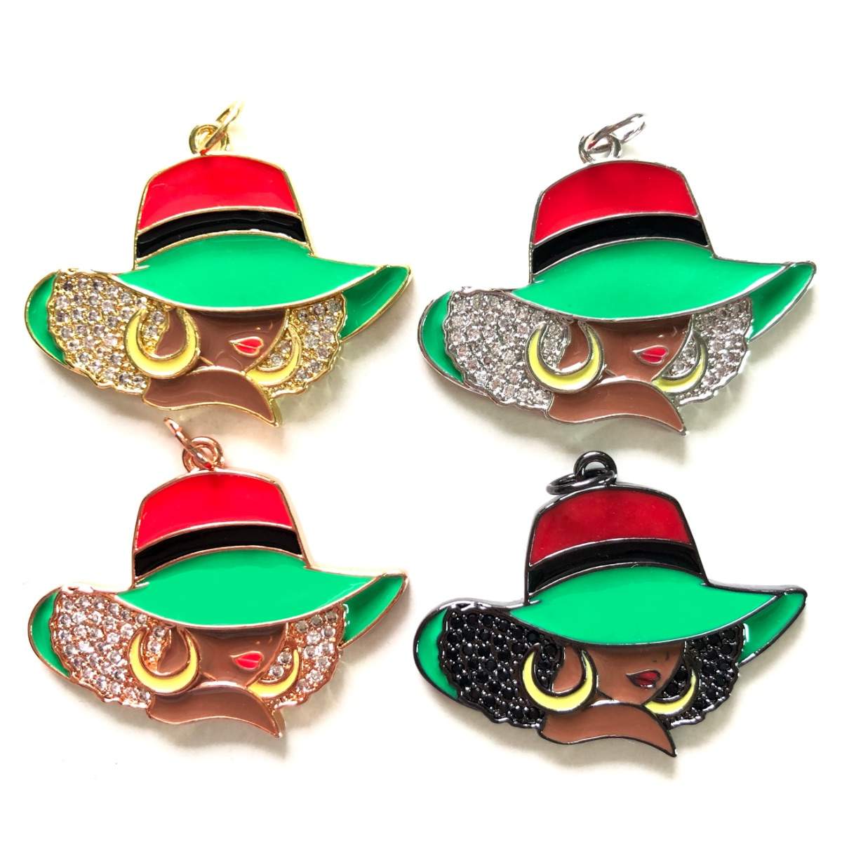 10pcs/lot CZ Paved Red Black Green Hat Afro Black Girl Charms for Juneteenth Awareness CZ Paved Charms Afro Girl/Queen Charms Juneteenth & Black History Month Awareness New Charms Arrivals Charms Beads Beyond