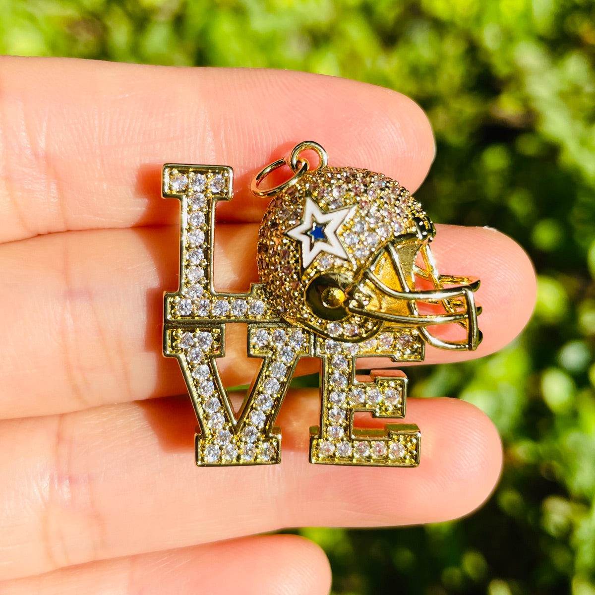 10pcs/lot CZ Paved LOVE Cowboys Helmet American Football Soccer Charms Gold CZ Paved Charms American Football Sports New Charms Arrivals Charms Beads Beyond