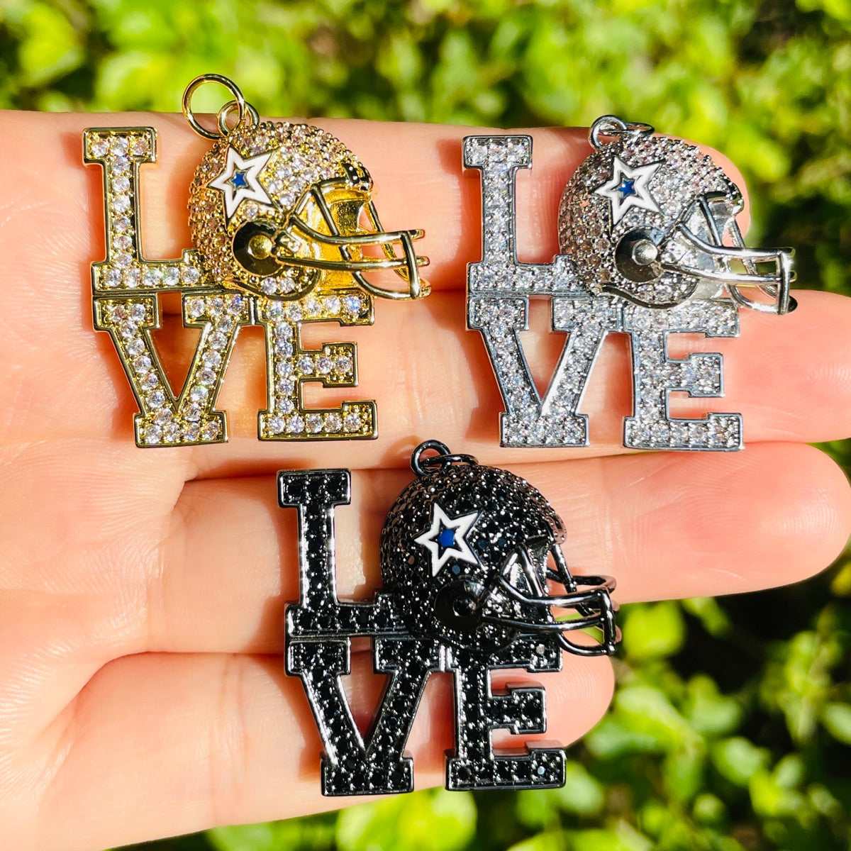 10pcs/lot CZ Paved LOVE Cowboys Helmet American Football Soccer Charms Mix Colors CZ Paved Charms American Football Sports New Charms Arrivals Charms Beads Beyond