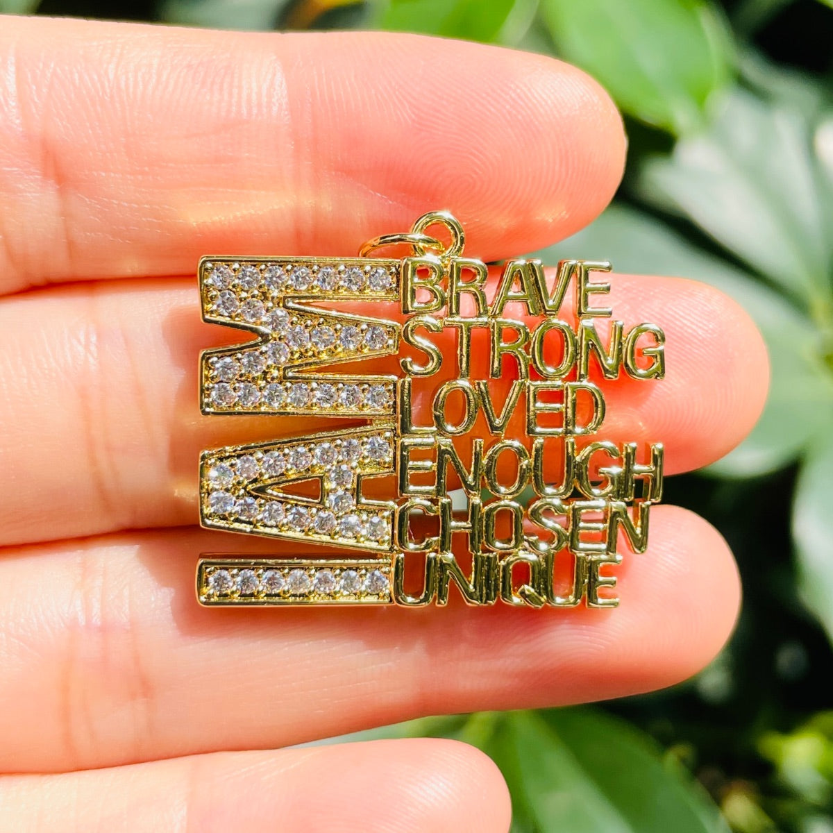 10pcs/lot CZ I Am Brave Strong Loved Enough Chosen Unique Word Charms CZ Paved Charms New Charms Arrivals Words & Quotes Charms Beads Beyond