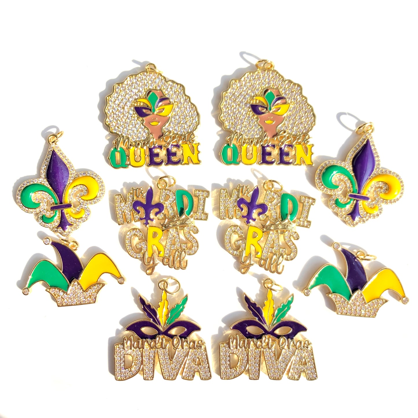 10pcs/lot CZ Paved Mardi Gras Charms Bundle Gold CZ Paved Charms Mardi Gras Mix Charms New Charms Arrivals Charms Beads Beyond