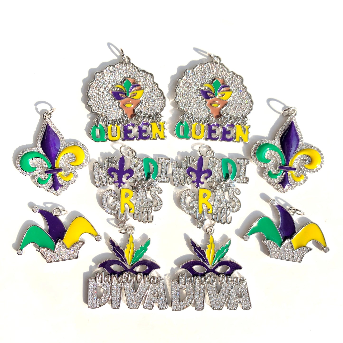 10pcs/lot CZ Paved Mardi Gras Charms Bundle Silver CZ Paved Charms Mardi Gras Mix Charms New Charms Arrivals Charms Beads Beyond