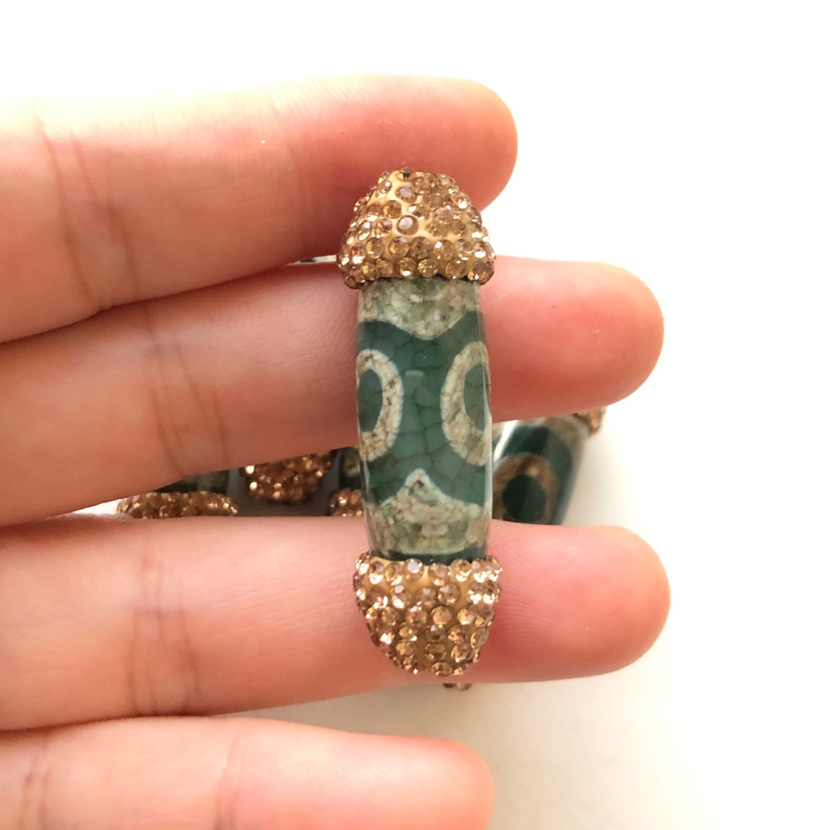5pcs/lot Gold Rhinestone Paved Green Eye Dzi Tibetan Barrel Beads Focal Spacers Agate Spacers Focal Beads Charms Beads Beyond