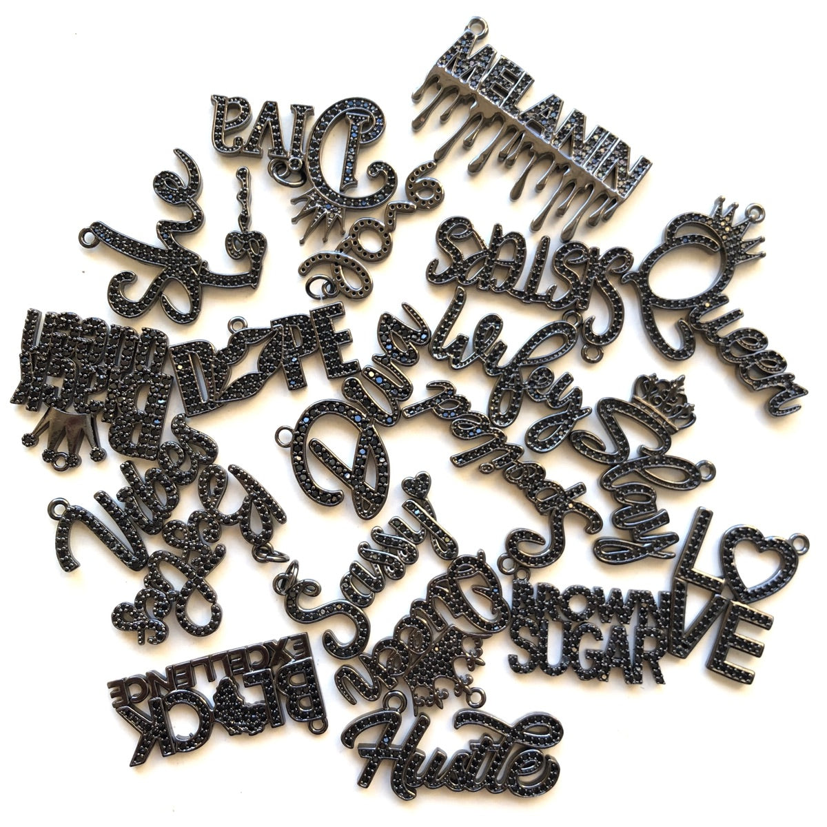 20pcs/lot Mix Diva Wifey Love Black Queen Slay... Word Charms Bundle Black on Black CZ Paved Charms Mix Charms On Sale Charms Beads Beyond