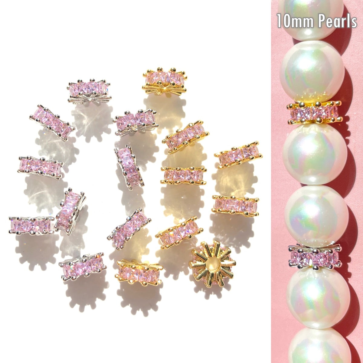 20-50pcs/lot 8mm Pink Square CZ Paved Rondelle Wheel Spacers CZ Paved Spacers Big Hole Beads New Spacers Arrivals Rondelle Beads Wholesale Charms Beads Beyond