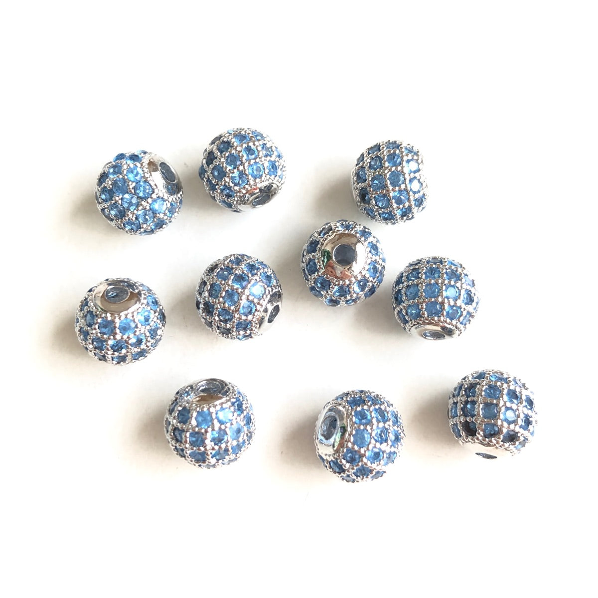10pcs/lot 8mm Lake Blue CZ Paved Ball Beads Spacers Silver CZ Paved Spacers Ball Beads Colorful Zirconia Charms Beads Beyond