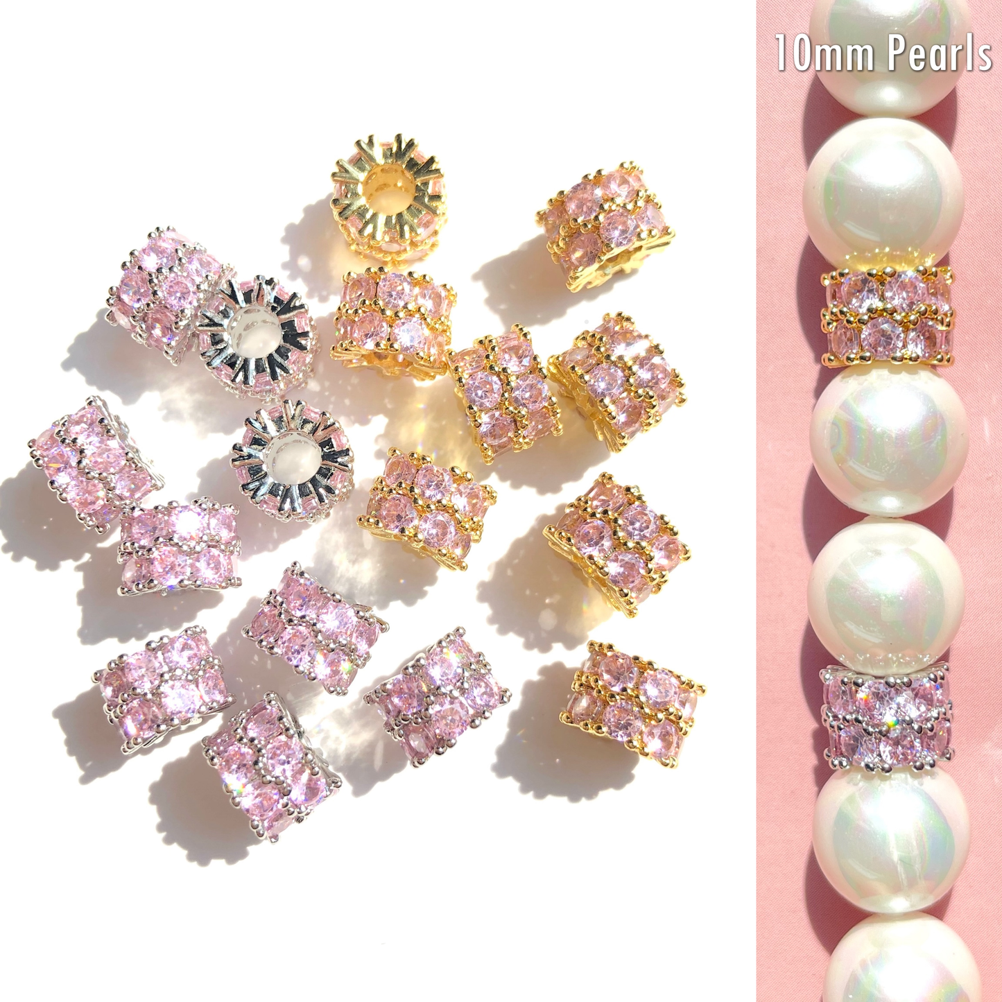 10-20-50pcs/lot 8.4mm Pink CZ Paved Big Hole Rondelle Wheel Spacers CZ Paved Spacers Big Hole Beads New Spacers Arrivals Rondelle Beads Wholesale Charms Beads Beyond