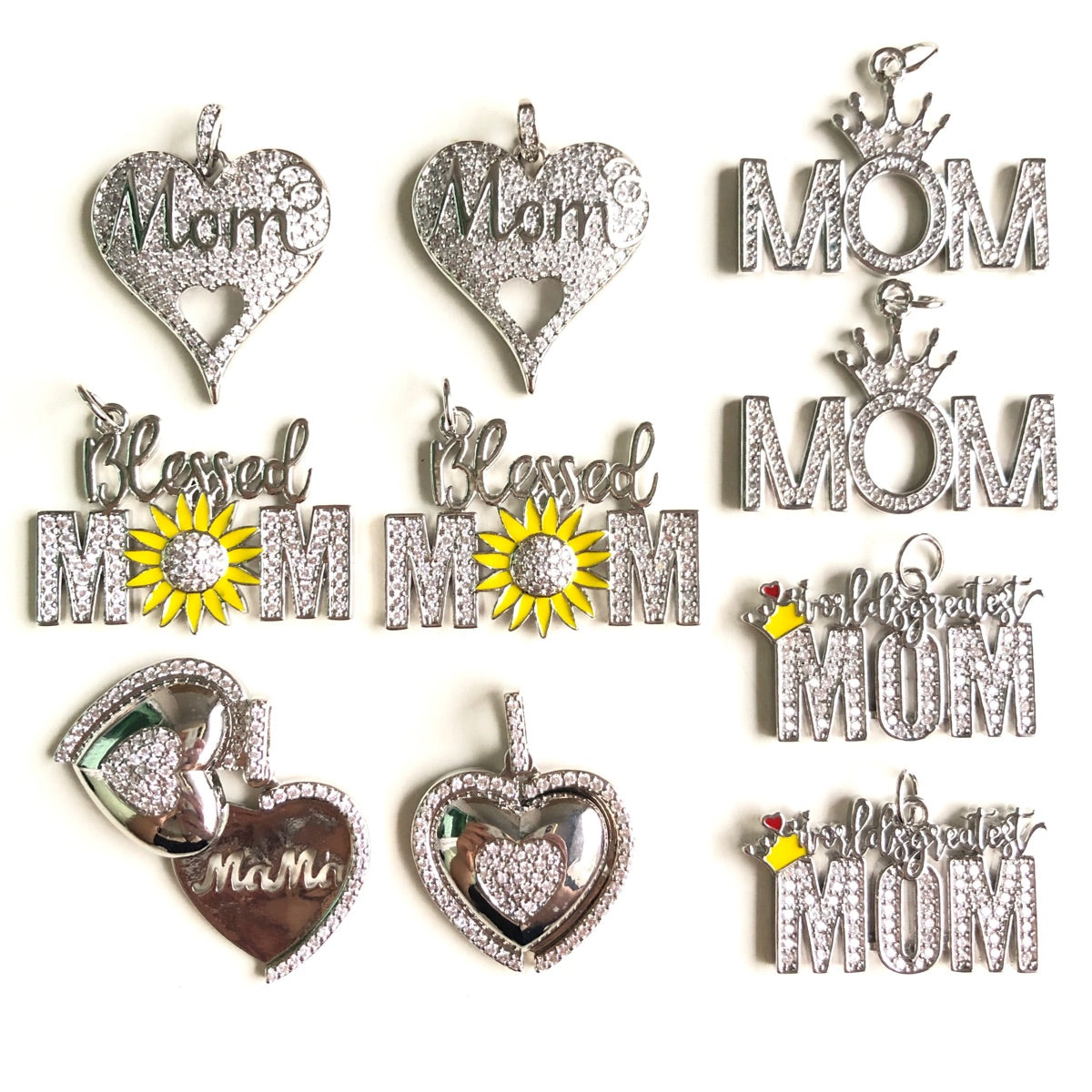 10pcs/lot CZ Pave Mother's Day Charms Bundle 3 Silver-10pcs CZ Paved Charms Mix Charms Mother's Day Charms Beads Beyond