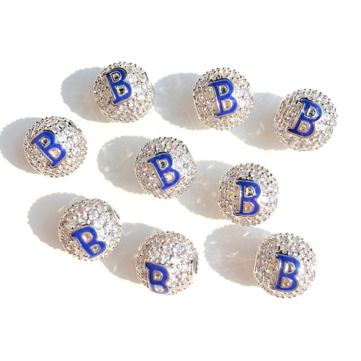 12pcs/lot 10mm Blue Enamel CZ Paved Greek Letters "Ζ", "Φ", "Β" Ball Spacers Beads Β Silver CZ Paved Spacers 10mm Beads Ball Beads Greek Letters New Spacers Arrivals Charms Beads Beyond
