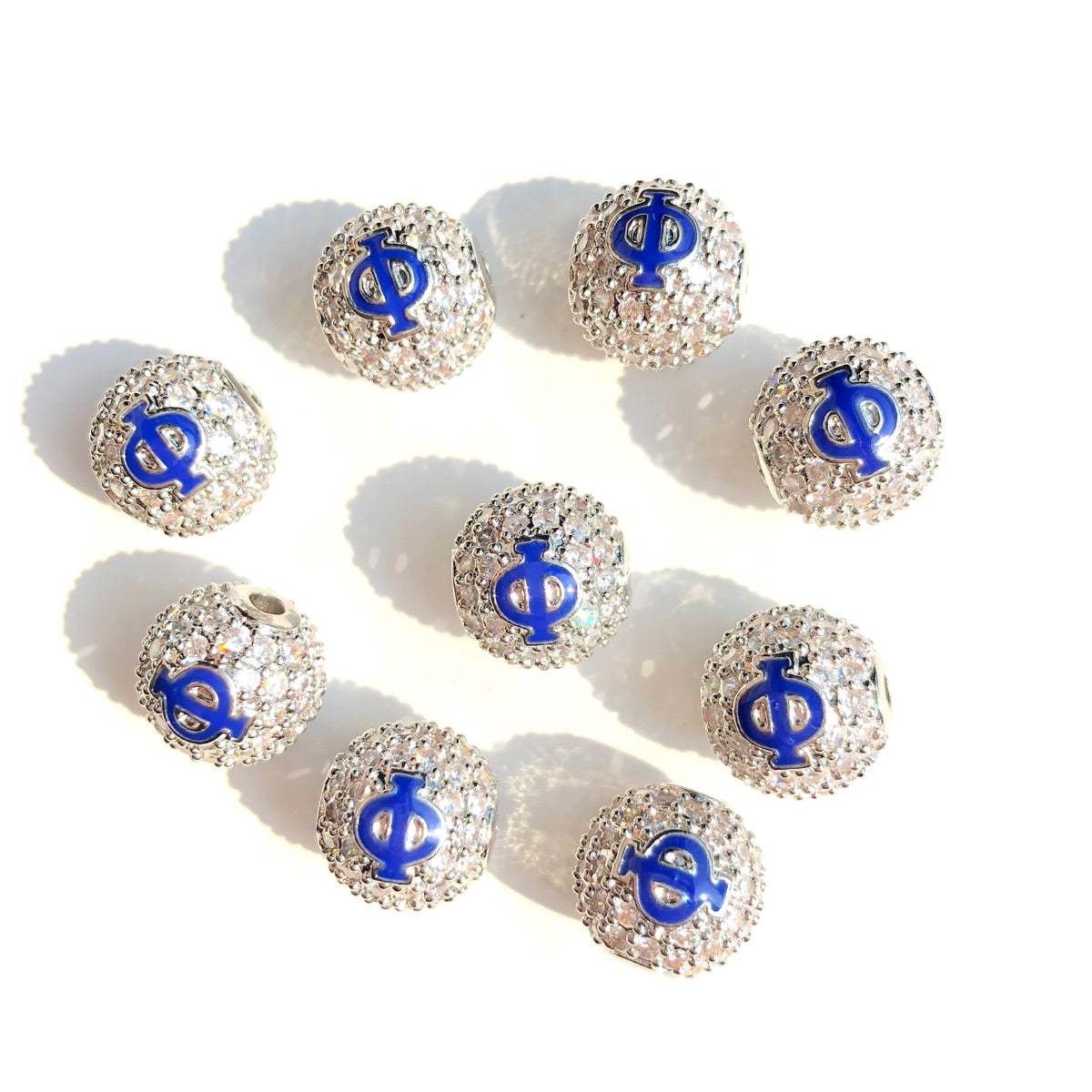 12pcs/lot 10mm Blue Enamel CZ Paved Greek Letters "Ζ", "Φ", "Β" Ball Spacers Beads Φ Silver CZ Paved Spacers 10mm Beads Ball Beads Greek Letters New Spacers Arrivals Charms Beads Beyond