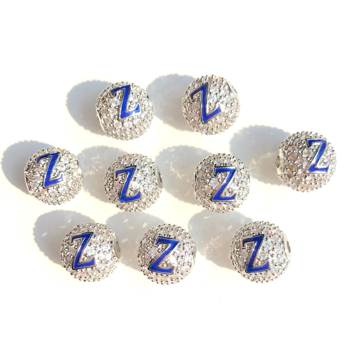 12pcs/lot 10mm Blue Enamel CZ Paved Greek Letters "Ζ", "Φ", "Β" Ball Spacers Beads Ζ Silver CZ Paved Spacers 10mm Beads Ball Beads Greek Letters New Spacers Arrivals Charms Beads Beyond