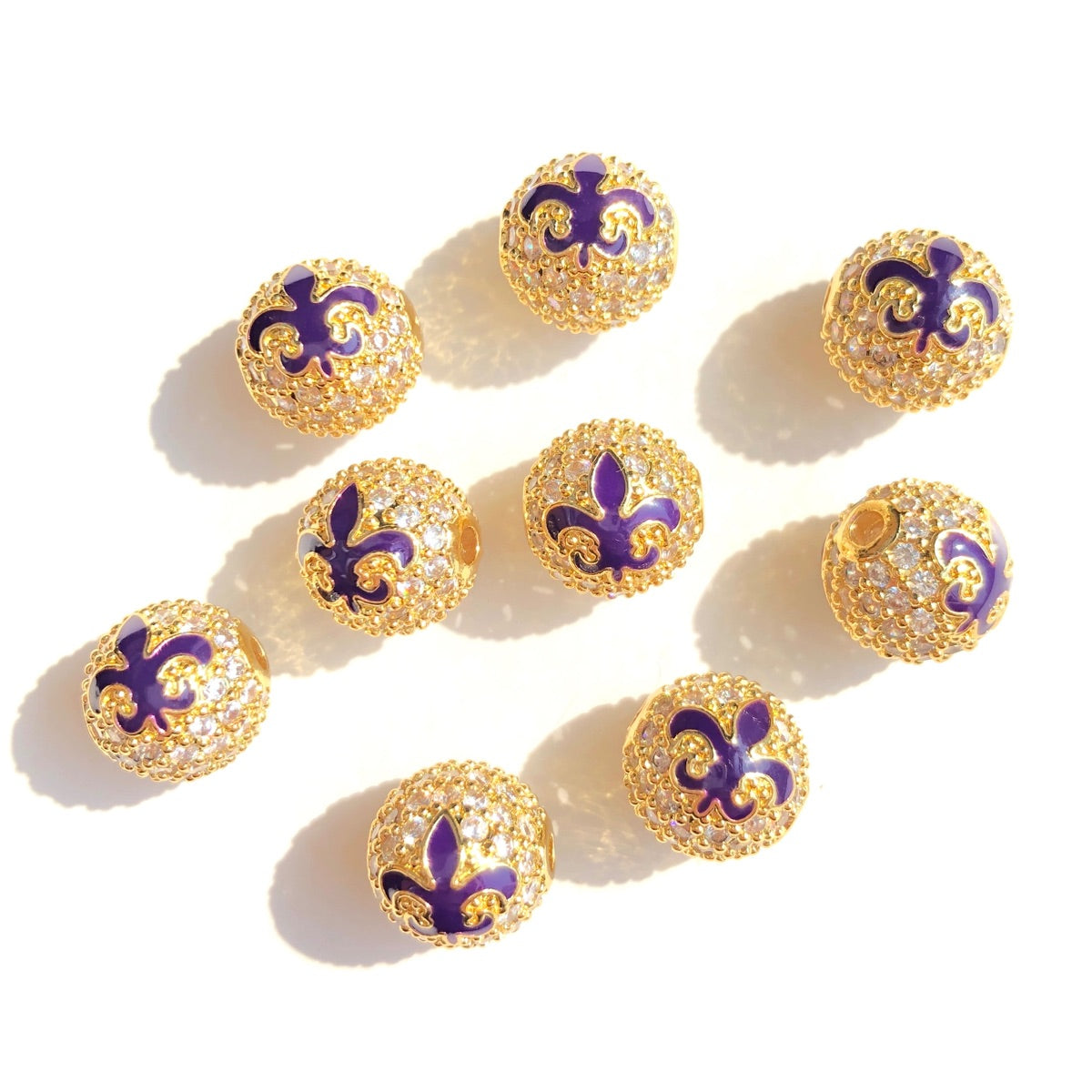 9pcs/lot 10mm CZ Paved Green Yellow Purple Enamel Fleur De Lis Mardi Gras Ball Spacers Beads Purple CZ Paved Spacers 10mm Beads Ball Beads Louisiana Inspired Mardi Gras Beads New Spacers Arrivals Charms Beads Beyond