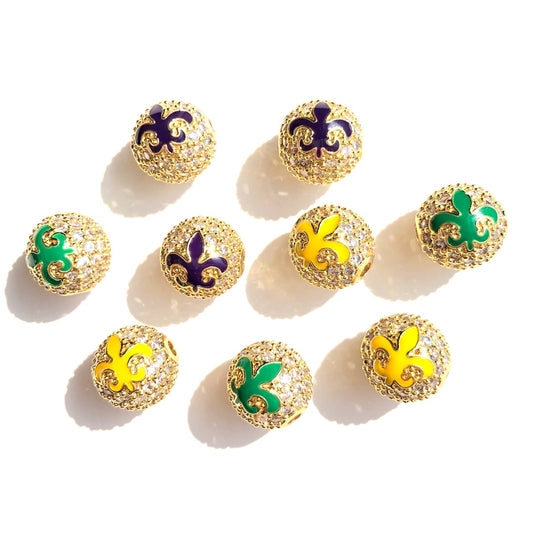 9pcs/lot 10mm CZ Paved Green Yellow Purple Enamel Fleur De Lis Mardi Gras Ball Spacers Beads Mix Colors CZ Paved Spacers 10mm Beads Ball Beads Louisiana Inspired Mardi Gras Beads New Spacers Arrivals Charms Beads Beyond
