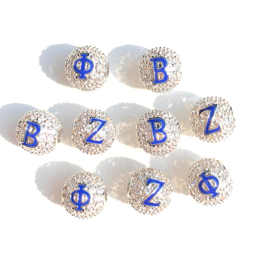12pcs/lot 10mm Blue Enamel CZ Paved Greek Letters "Ζ", "Φ", "Β" Ball Spacers Beads Mix Letters Silver CZ Paved Spacers 10mm Beads Ball Beads Greek Letters New Spacers Arrivals Charms Beads Beyond