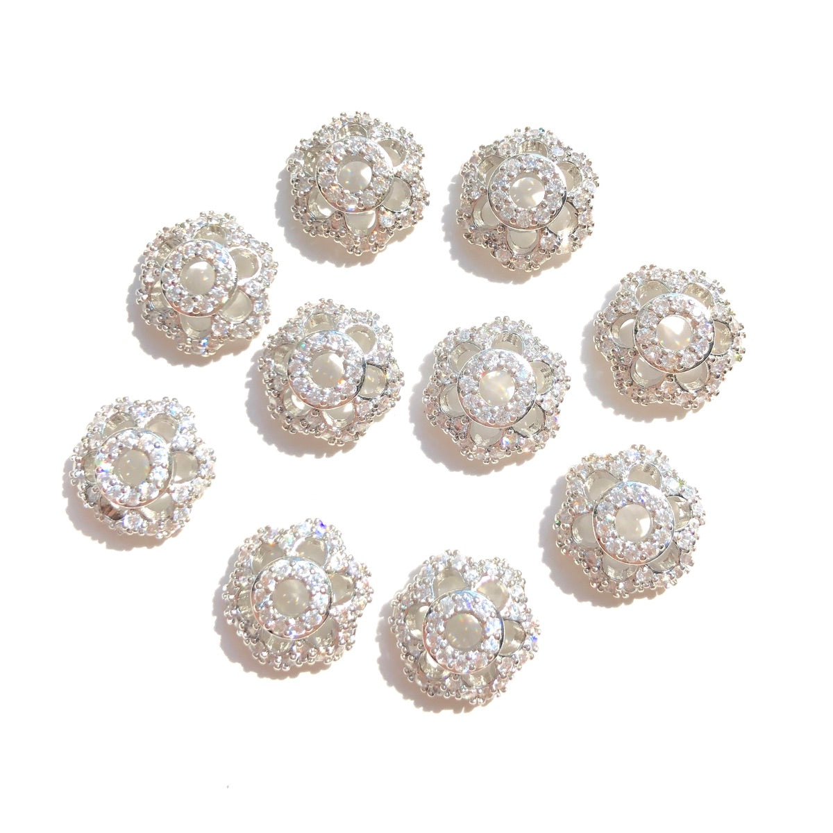 10-20-50pcs/lot CZ Paved Hollow Flower Beads Caps Spacers Silver CZ Paved Spacers Beads Caps New Spacers Arrivals Wholesale Charms Beads Beyond