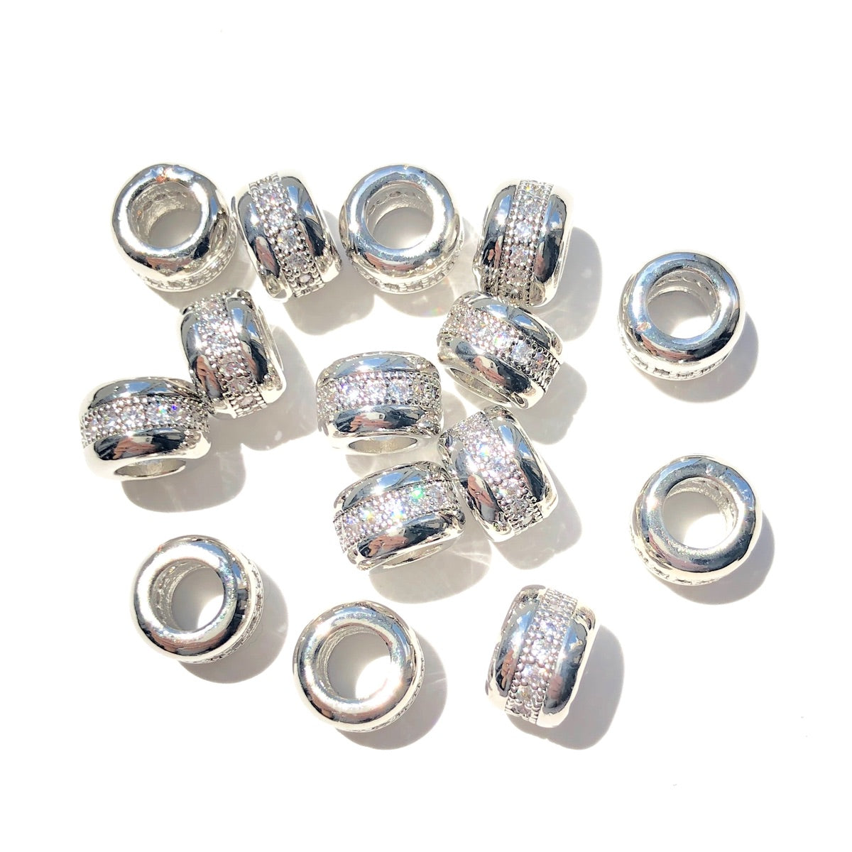 20-50pcs/lot 7.6mm CZ Paved Big Hole Rondelle Wheel Spacers Silver CZ Paved Spacers Big Hole Beads New Spacers Arrivals Rondelle Beads Wholesale Charms Beads Beyond