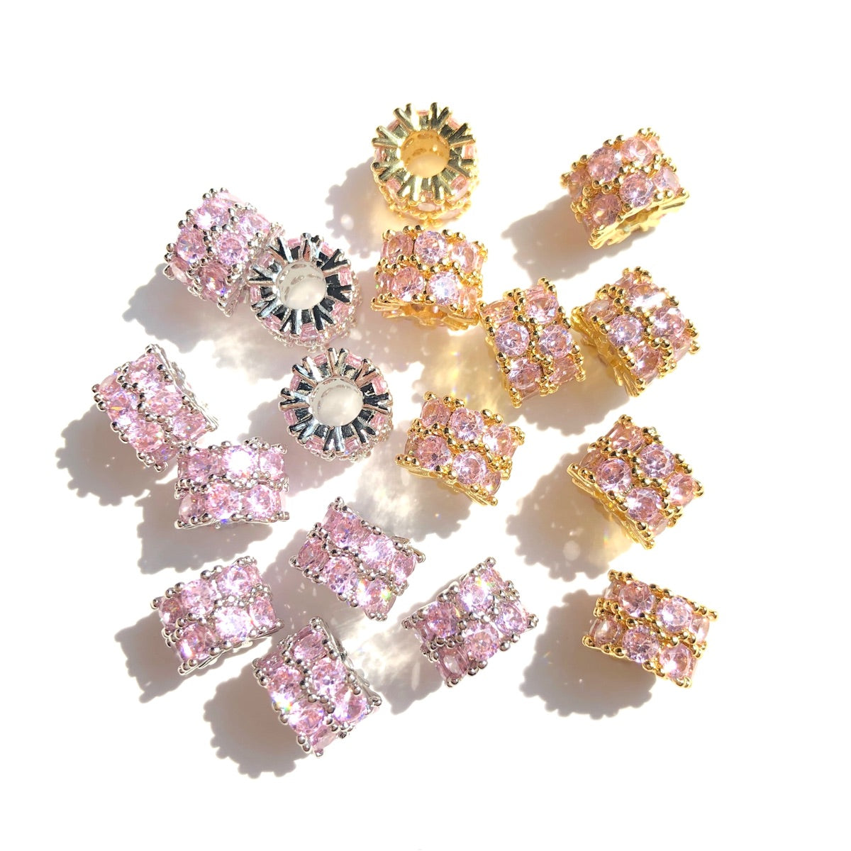 10-20-50pcs/lot 8.4mm Pink CZ Paved Big Hole Rondelle Wheel Spacers Mix Colors CZ Paved Spacers Big Hole Beads New Spacers Arrivals Rondelle Beads Wholesale Charms Beads Beyond