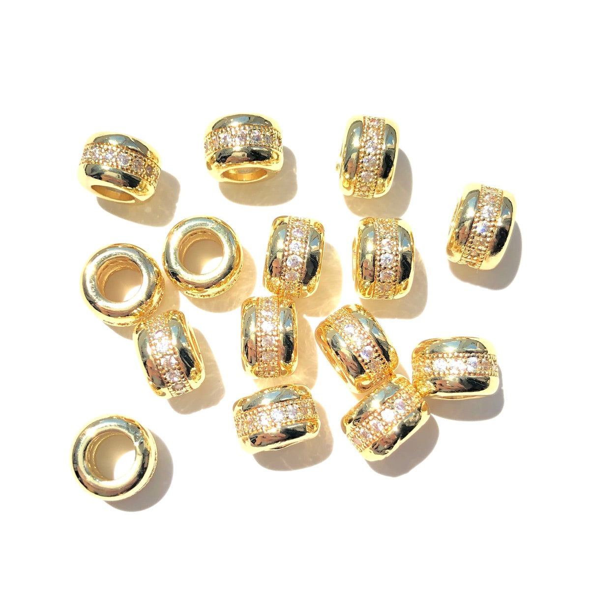 20-50pcs/lot 7.6mm CZ Paved Big Hole Rondelle Wheel Spacers Gold CZ Paved Spacers Big Hole Beads New Spacers Arrivals Rondelle Beads Wholesale Charms Beads Beyond