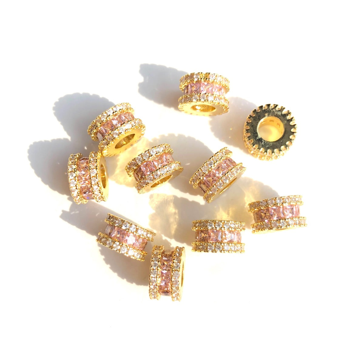 10-20-50pcs/lot 8.6mm Pink Square CZ Paved Big Hole Rondelle Wheel Spacers Gold CZ Paved Spacers Big Hole Beads New Spacers Arrivals Rondelle Beads Wholesale Charms Beads Beyond