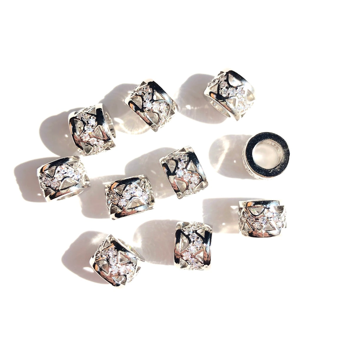 10-20-50pcs/lot 8mm CZ Paved Big Hole Hollow Rondelle Wheel Spacers Silver CZ Paved Spacers Big Hole Beads New Spacers Arrivals Rondelle Beads Wholesale Charms Beads Beyond