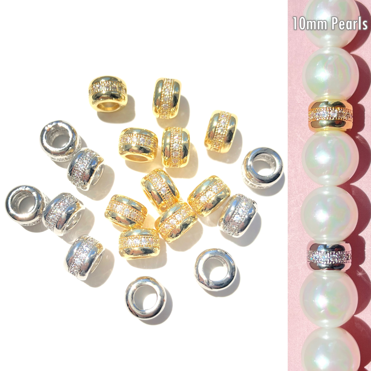20-50pcs/lot 7.6mm CZ Paved Big Hole Rondelle Wheel Spacers CZ Paved Spacers Big Hole Beads New Spacers Arrivals Rondelle Beads Wholesale Charms Beads Beyond