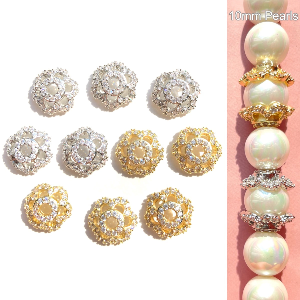 10-20-50pcs/lot CZ Paved Hollow Flower Beads Caps Spacers CZ Paved Spacers Beads Caps New Spacers Arrivals Wholesale Charms Beads Beyond