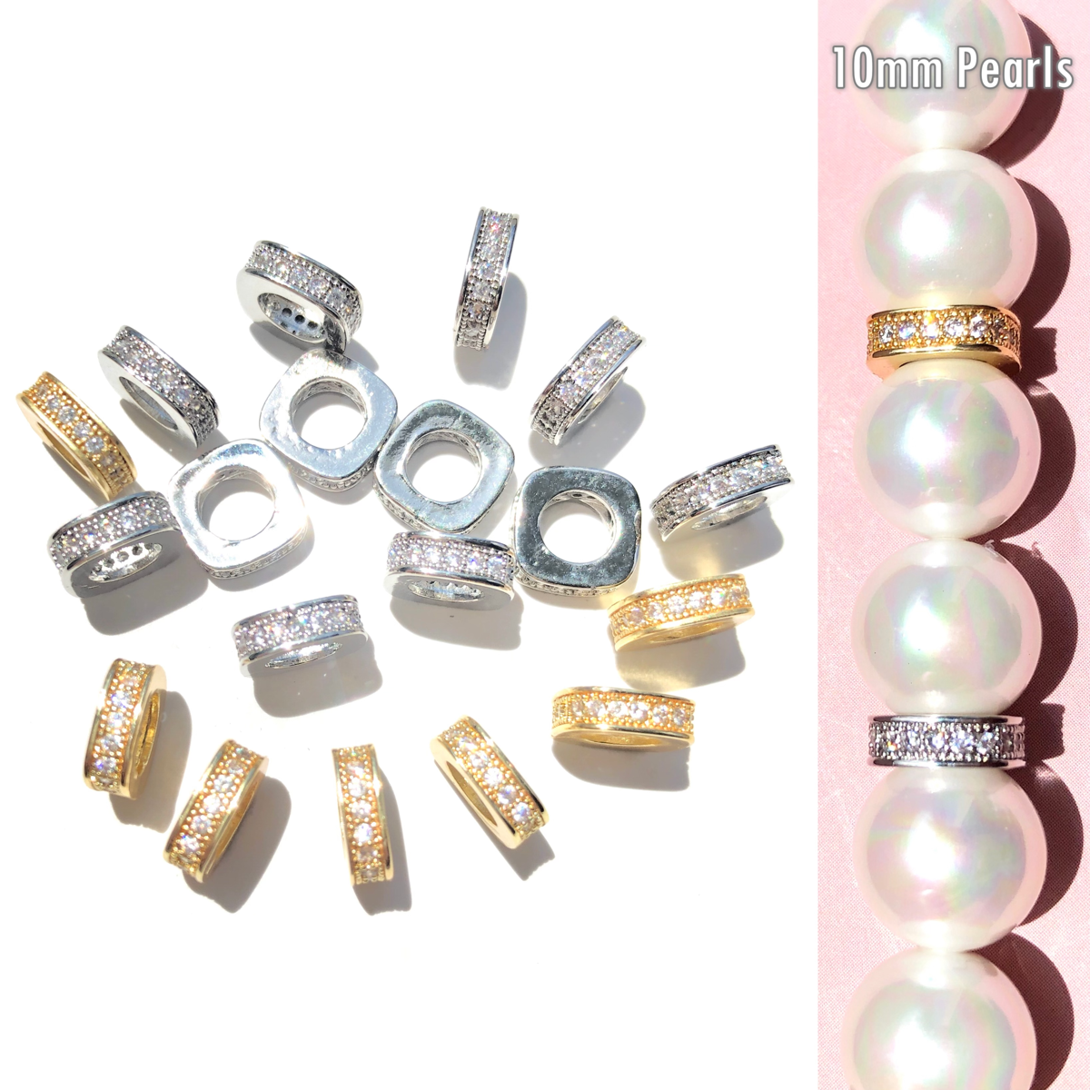 10-20-50pcs/lot 8mm CZ Paved Square Rondelle Wheel Spacers CZ Paved Spacers Big Hole Beads New Spacers Arrivals Rondelle Beads Wholesale Charms Beads Beyond
