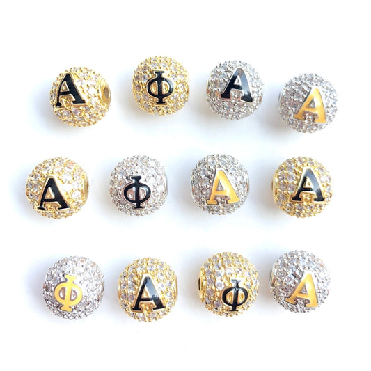 12pcs/lot 10mm Black Yellow Enamel CZ Paved A, Φ Initial Alphabet Letter Ball Spacers Beads Mix Gold Silver- 6 Each Color CZ Paved Spacers 10mm Beads Ball Beads Greek Letters New Spacers Arrivals Charms Beads Beyond