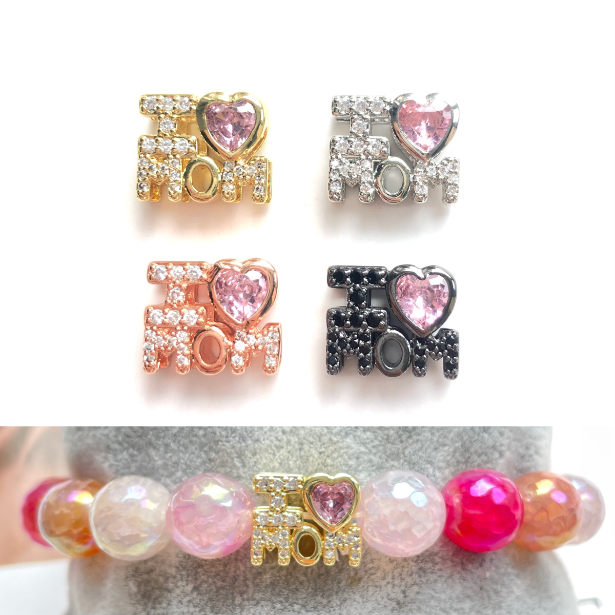 10pcs/lot CZ Paved I LOVE MOM Letter Spacers Beads for Mother's Day CZ Paved Spacers Mother's Day Mother's Day Beads New Spacers Arrivals Charms Beads Beyond