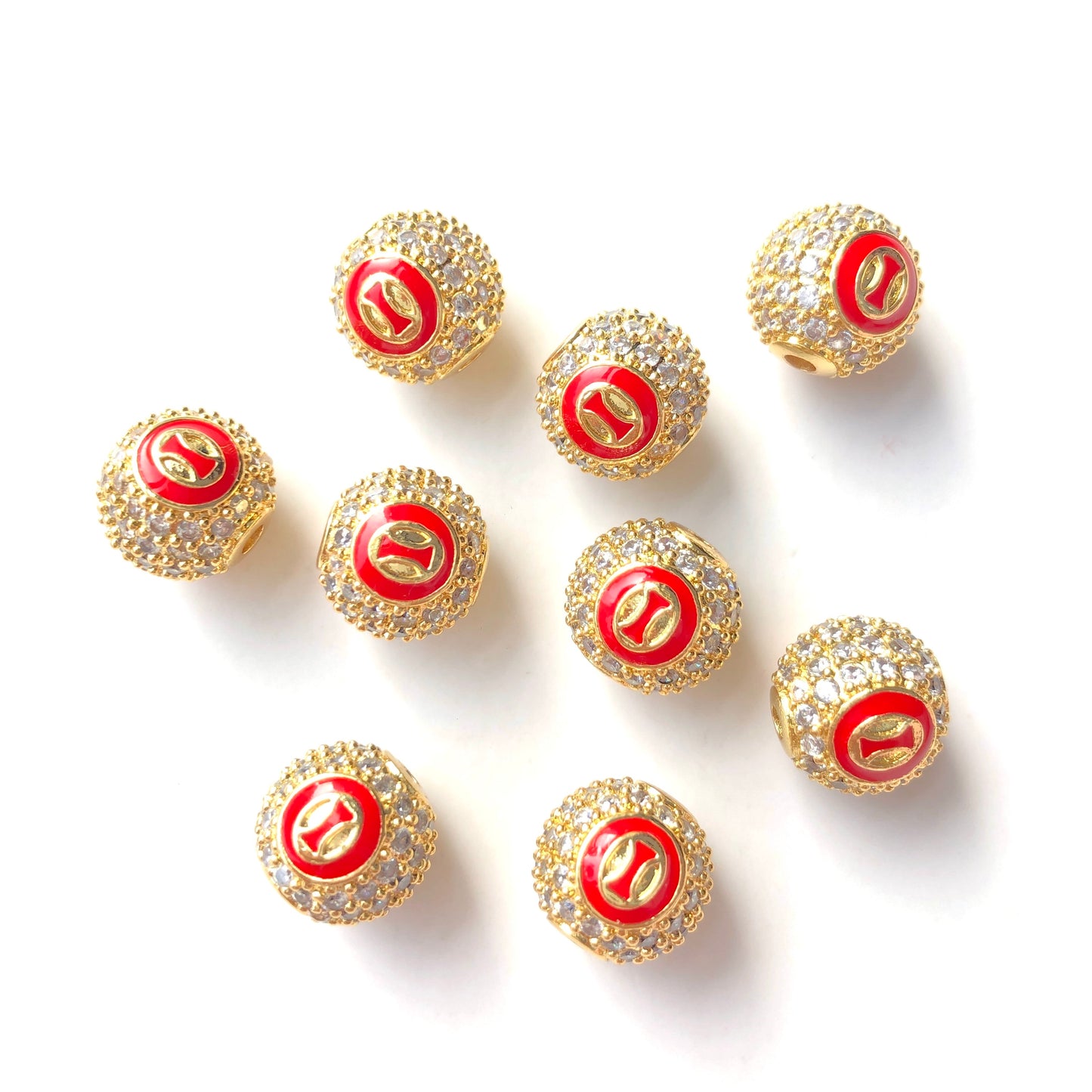 12pcs/lot 10mm Red Enamel CZ Paved Greek Letter "Δ", "Σ", "Θ" Ball Spacers Beads 12 Gold Θ CZ Paved Spacers 10mm Beads Ball Beads Greek Letters New Spacers Arrivals Charms Beads Beyond