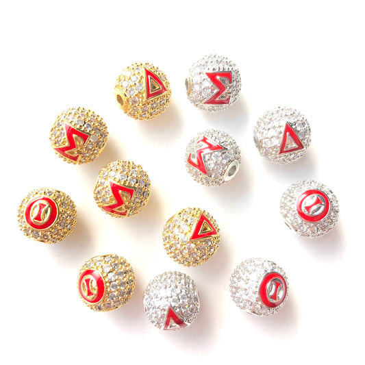 12pcs/lot 10mm Red Enamel CZ Paved Greek Letter "Δ", "Σ", "Θ" Ball Spacers Beads Mix Gold Silver-2 Letters Each CZ Paved Spacers 10mm Beads Ball Beads Greek Letters New Spacers Arrivals Charms Beads Beyond