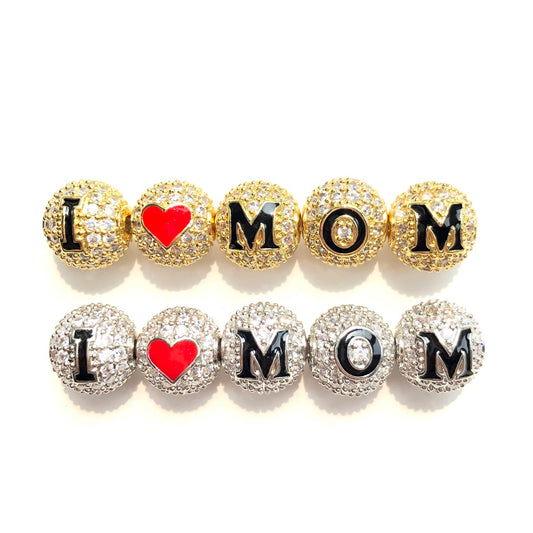 10pcs/lot 10mm CZ Paved I LOVE MOM Letter Ball Spacers Beads for Mother's Day Mix Gold Silver CZ Paved Spacers 10mm Beads Ball Beads Mother's Day Mother's Day Beads New Spacers Arrivals Charms Beads Beyond