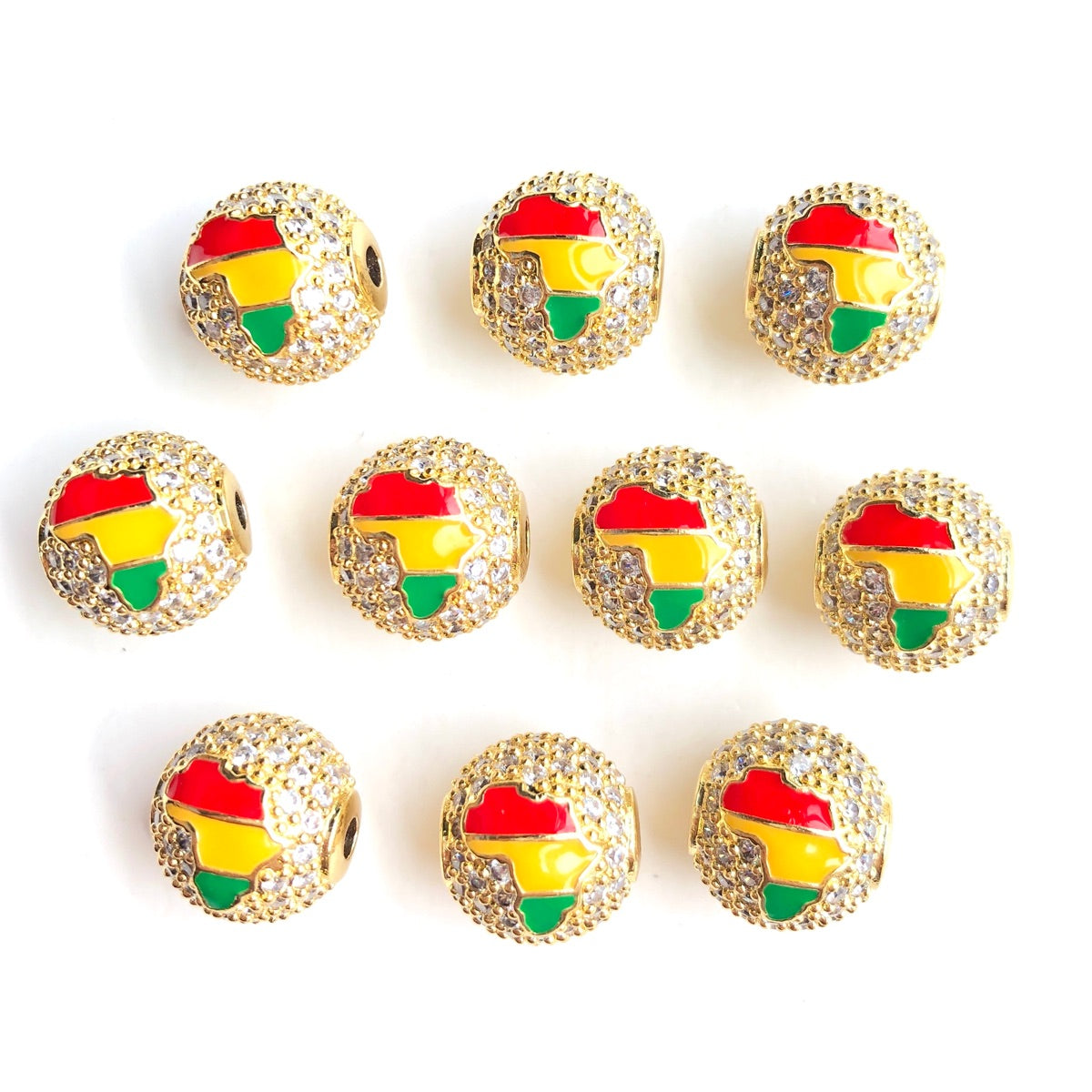 10pcs/lot 12mm CZ Paved Red Yellow Green Enamel Africa Map Ball Spacers Beads for Black History Gold CZ Paved Spacers Ball Beads Juneteenth & Black History Month Awareness New Spacers Arrivals Charms Beads Beyond