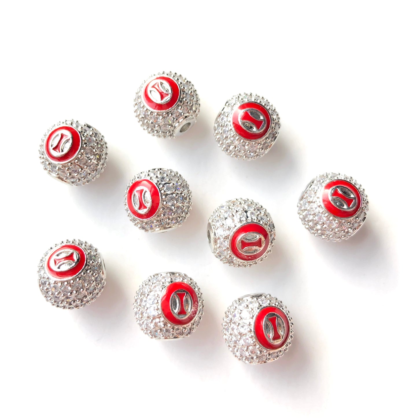 12pcs/lot 10mm Red Enamel CZ Paved Greek Letter "Δ", "Σ", "Θ" Ball Spacers Beads 12 Silver Θ CZ Paved Spacers 10mm Beads Ball Beads Greek Letters New Spacers Arrivals Charms Beads Beyond