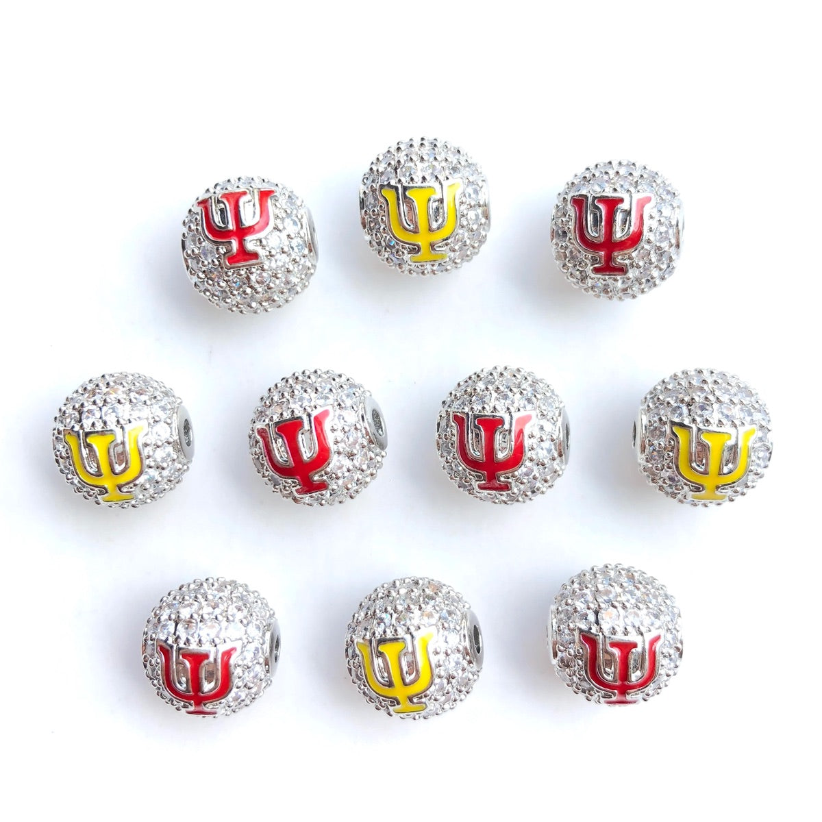 12pcs/lot 10mm Red Yellow Enamel CZ Paved Greek Letter "K", "A", "Ψ" Ball Spacers Beads CZ Paved Spacers 10mm Beads Ball Beads Greek Letters New Spacers Arrivals Charms Beads Beyond