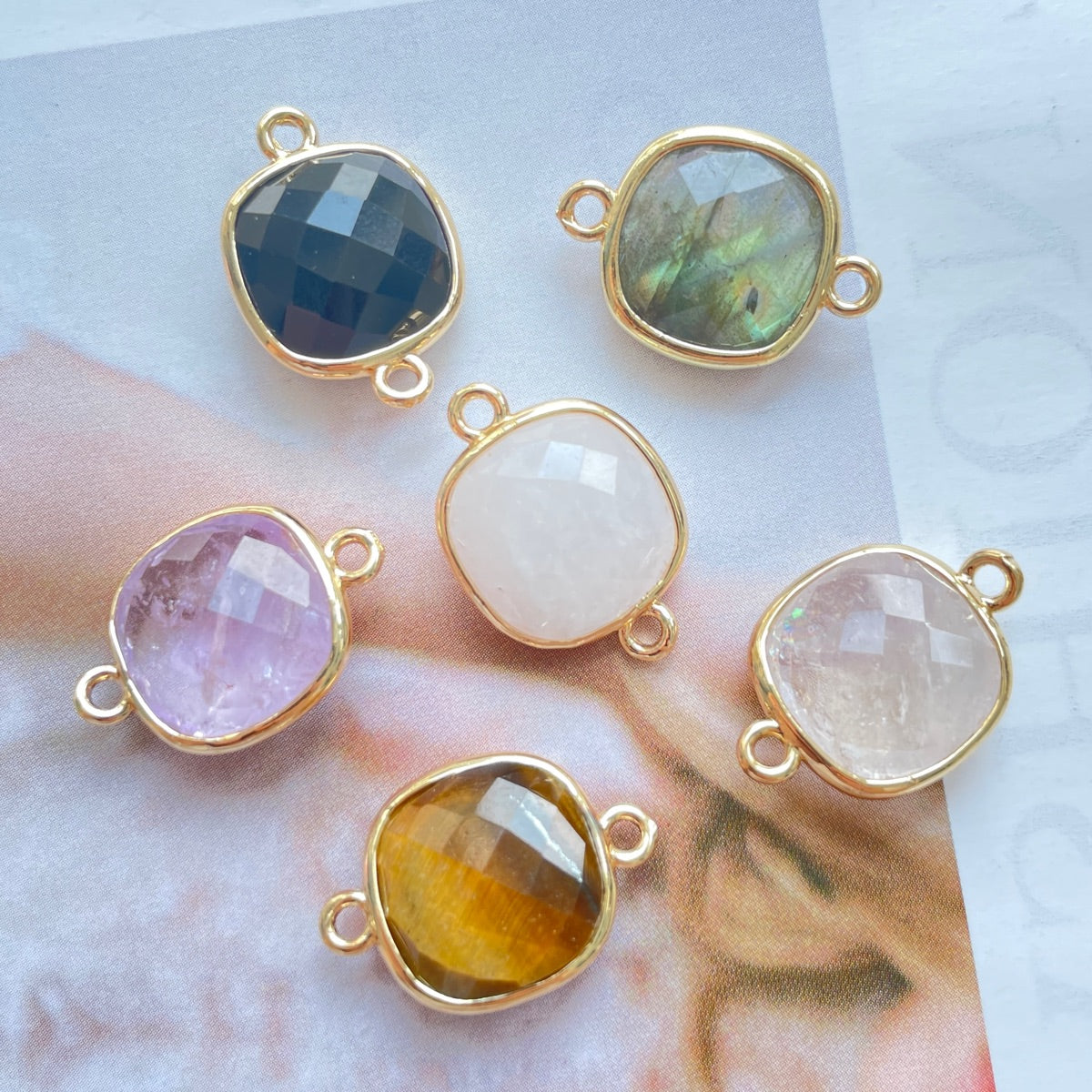 5pcs/Lot Gold Plated Bezel Labradorite Amethyst Rose Quartz White Quartz Tiger Eye Black Onyx Square Connectors Stone Charms New Charms Arrivals Charms Beads Beyond