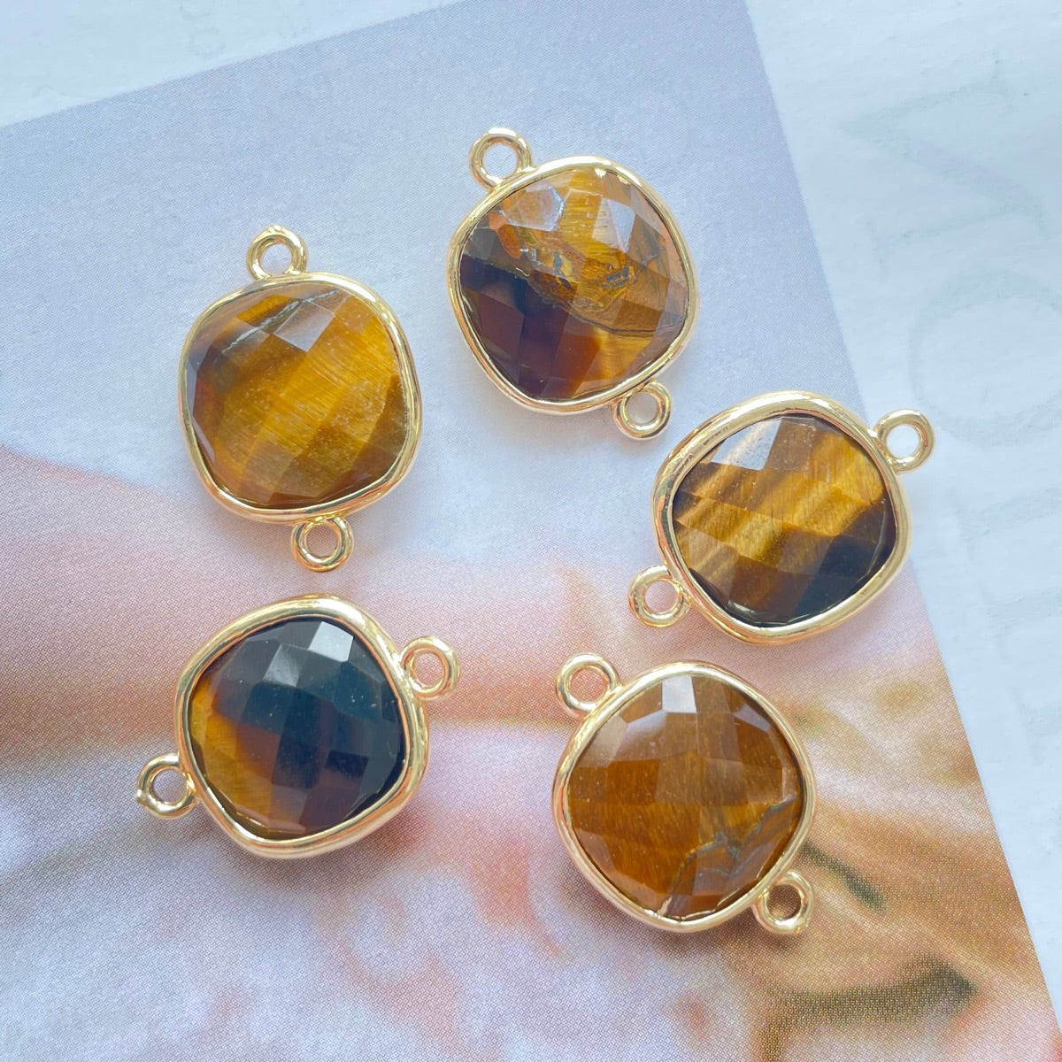 5pcs/Lot Gold Plated Bezel Labradorite Amethyst Rose Quartz White Quartz Tiger Eye Black Onyx Square Connectors Tiger Eye Stone Charms New Charms Arrivals Charms Beads Beyond